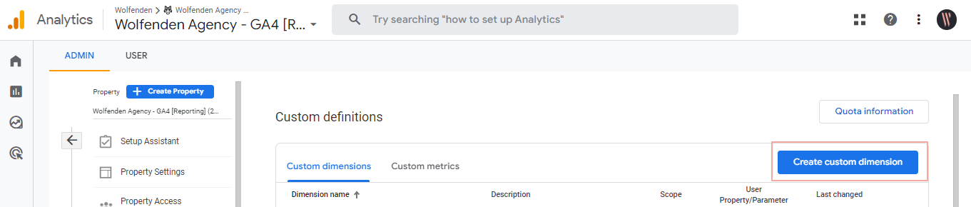 A Screenshot of GA4 showing how to create a new custom dimension