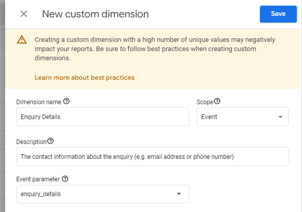 A screenshot from GA4 showing the details of how to add a custom dimension