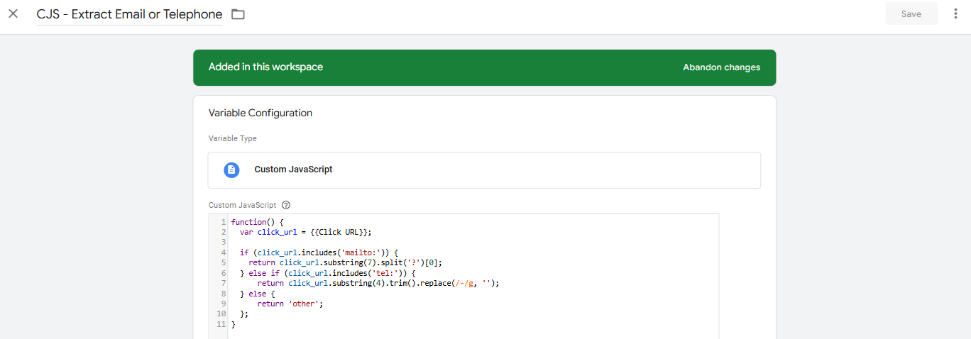 A screenshot of Google Tag Manager showing how to add a custom JavaScript variable