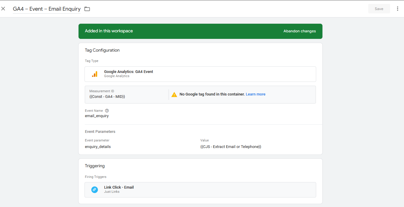 A screenshot of Google Tag Manager. It shows the configuration for an email click GA4 event tag.