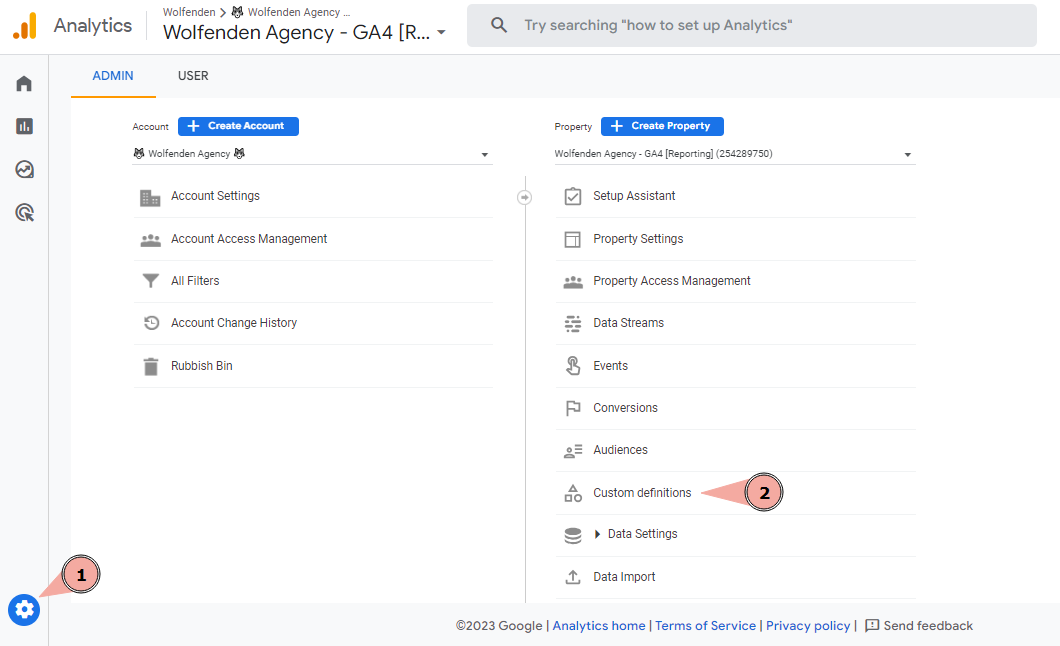 A screenshot from GA4 showing where to find Custom Definitions