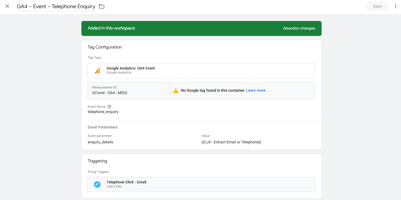 A screenshot of Google Tag Manager. It shows the configuration for a telephone click GA4 event tag.