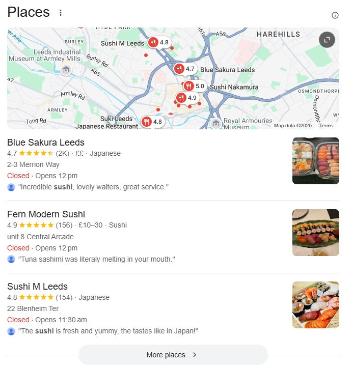 Google Local Pack for "best sushi near me"